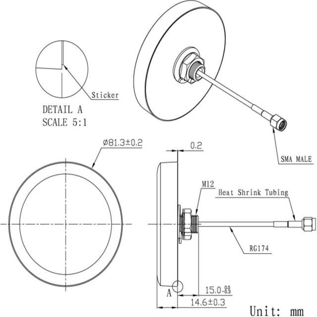 1568±3MHz Center Frequency GPSGlonass Antenna GL-DY008L Dessin coté GL-DY008L